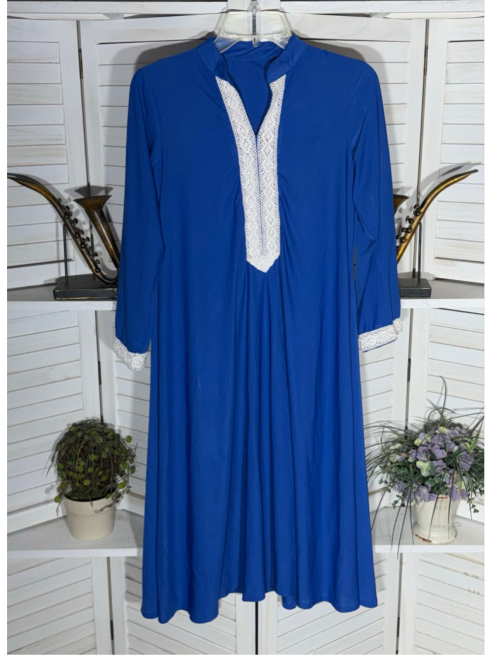 Vintage 70s kaftan dress royal blue hippie boho white cotton lace embroidery M
